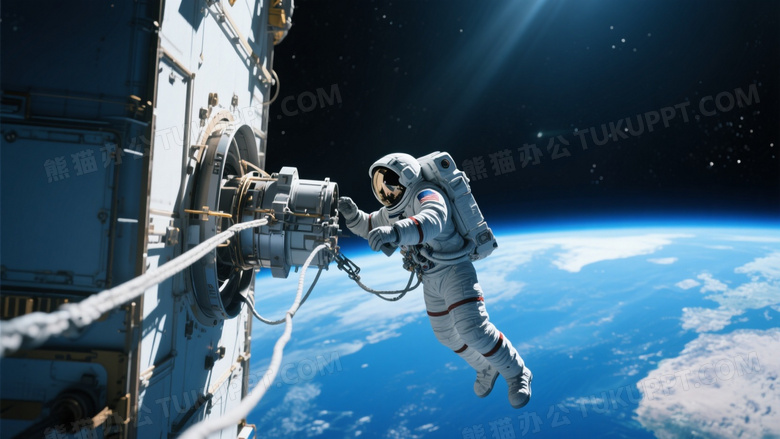 浩瀚的宇宙中宇航员正在进行舱外作业