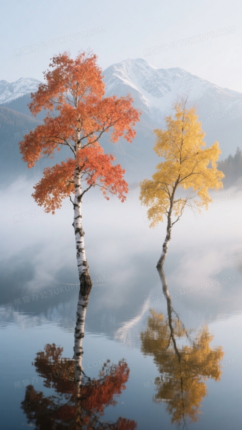 冬天眼前有一棵桦树是红橙色的叶子