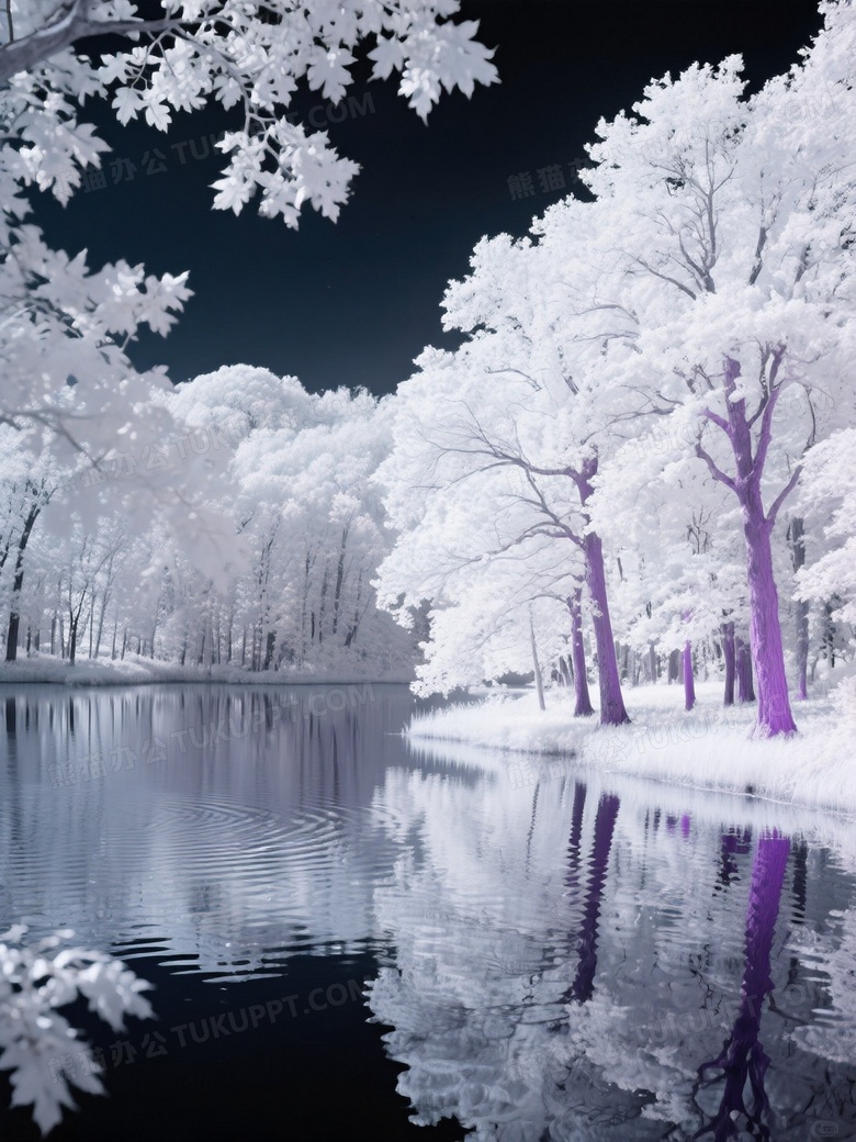 深秋枫树林倒映在湖泊中