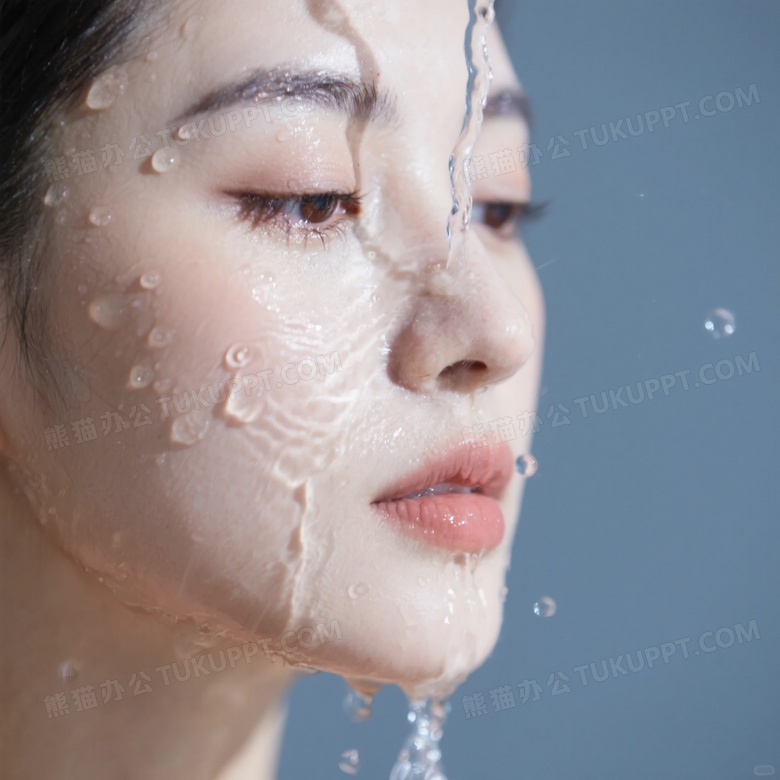 女性面部特写被清澈水流温柔包裹