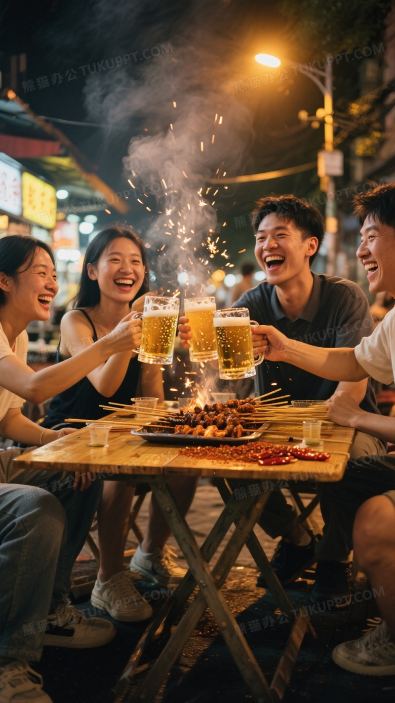 夜市大排档夏日夜晚暖黄路灯