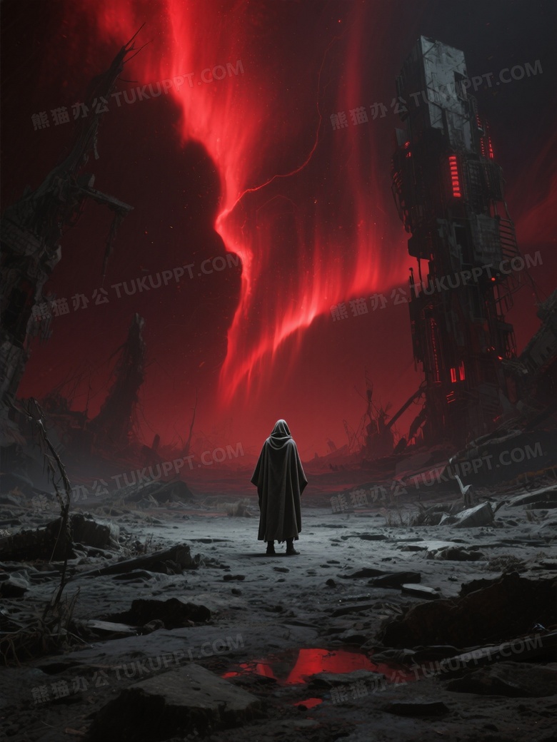 大场景末日废土上的红色极光