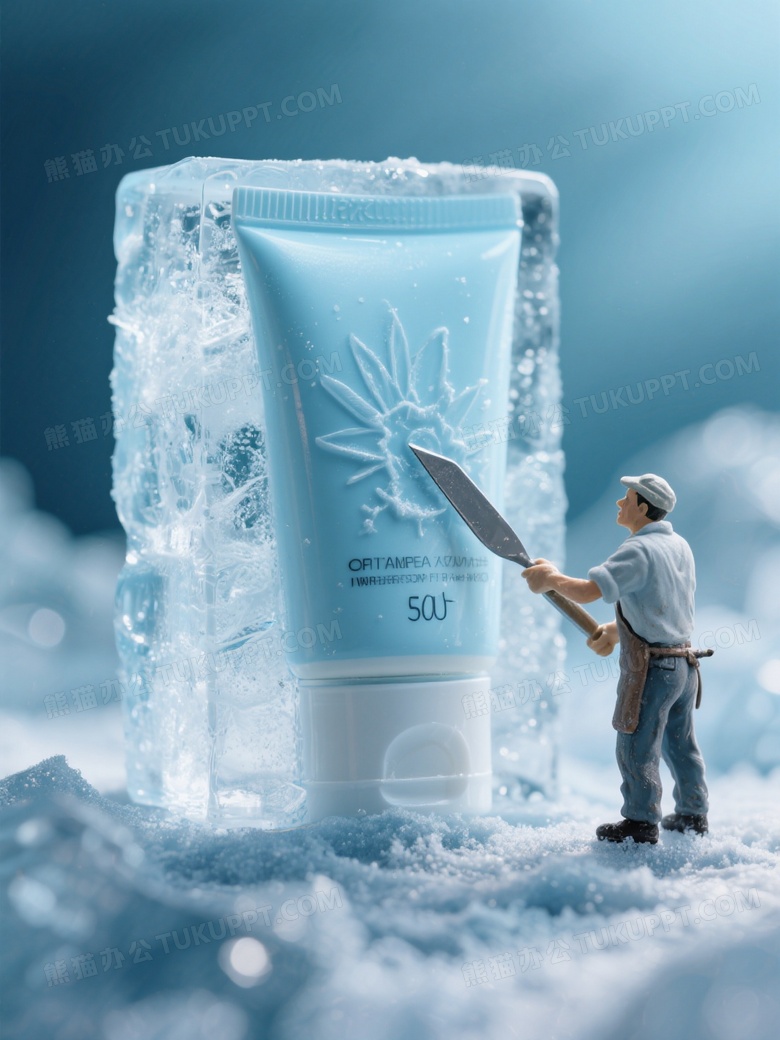 微缩景观超现实主义一位极小的迷你工匠在用刮刀雕琢冰晶材质的巨型透明防晒乳液