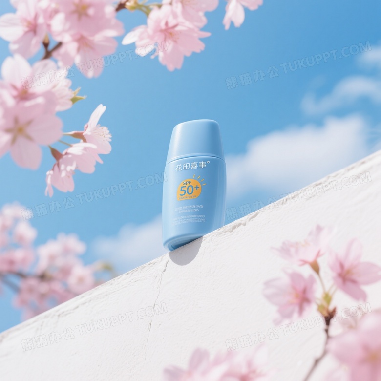 产品摄影视觉中心是一瓶蓝色的防晒霜站在白色墙上