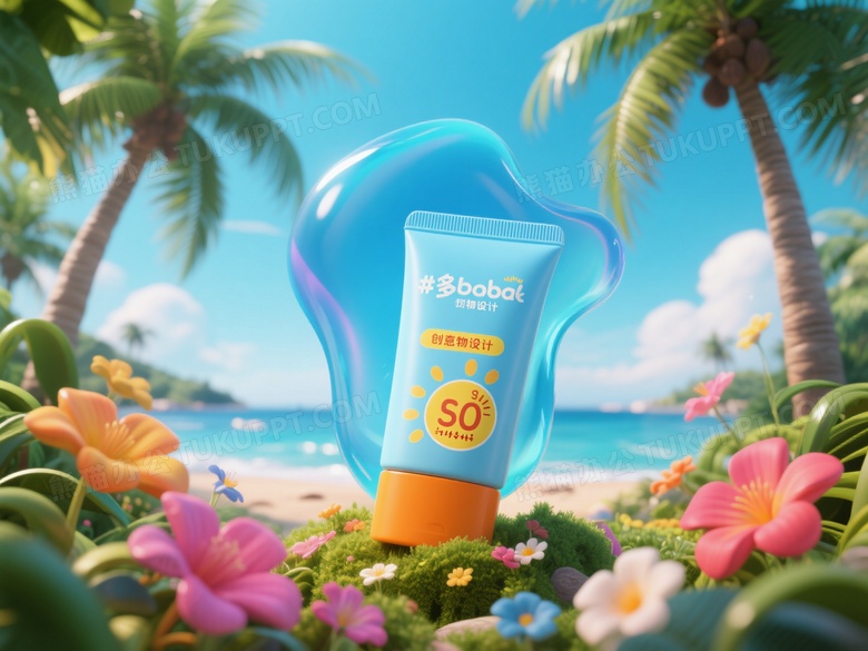 产品摄影防晒霜周围热带海边景观