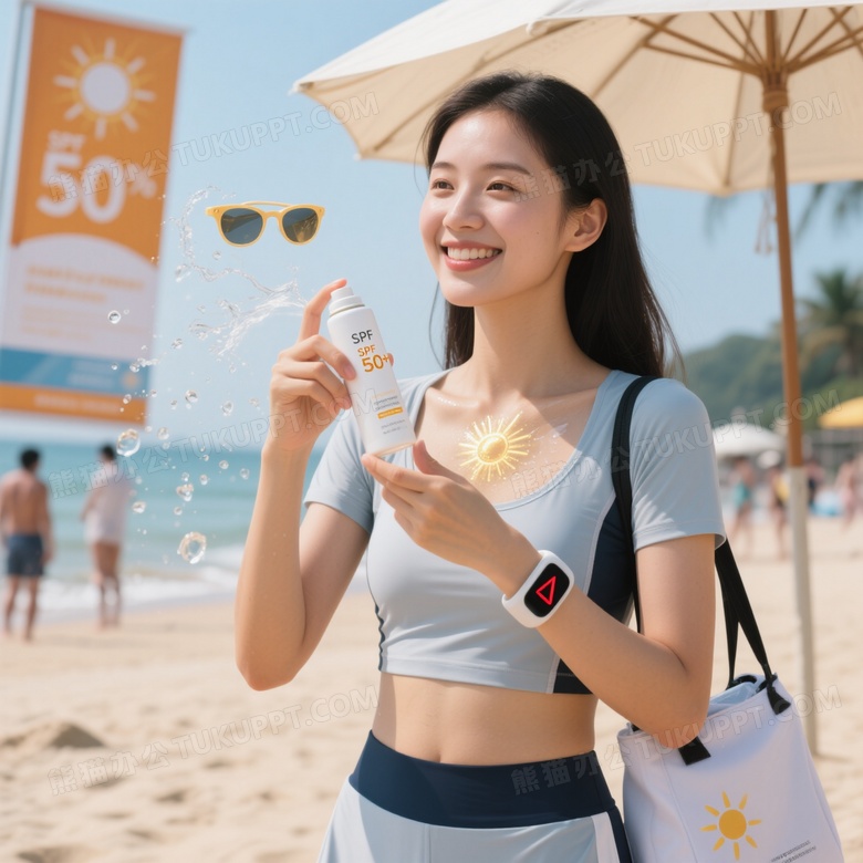 专业商业摄影风格真实肌肤质感的年轻亚裔女性在夏日沙滩上