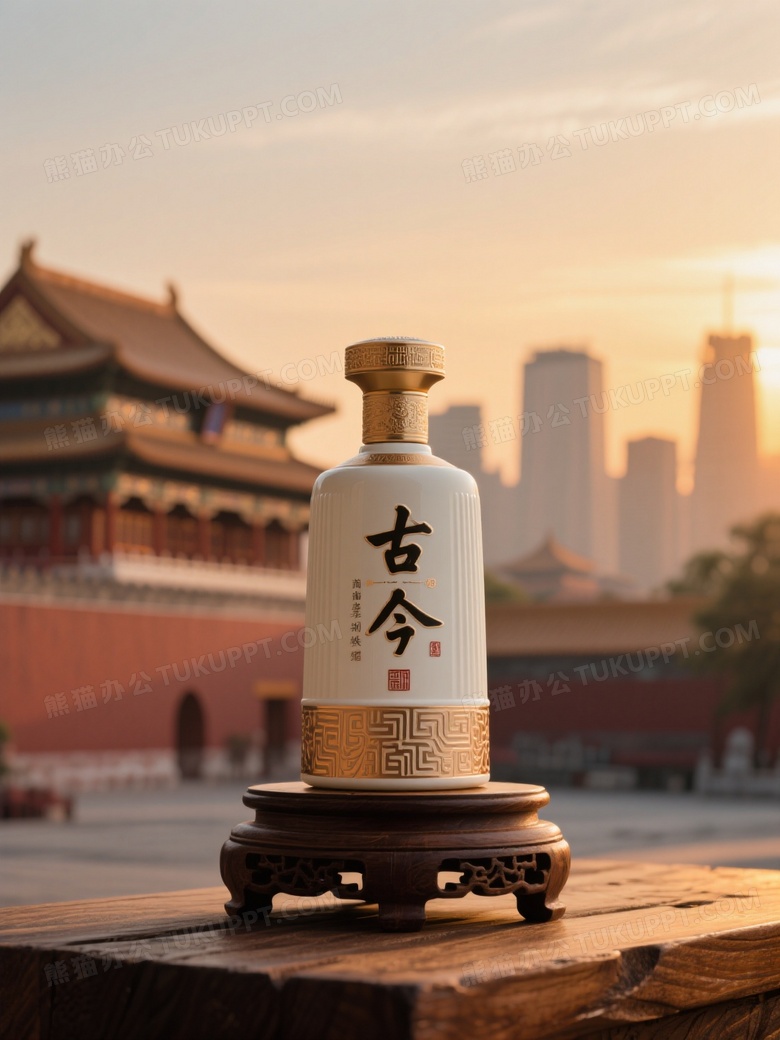 中国高端白酒瓶置于复古木质底座上