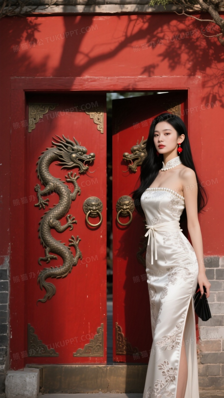 一张超高清壁纸双扇红门上面古代青铜门环