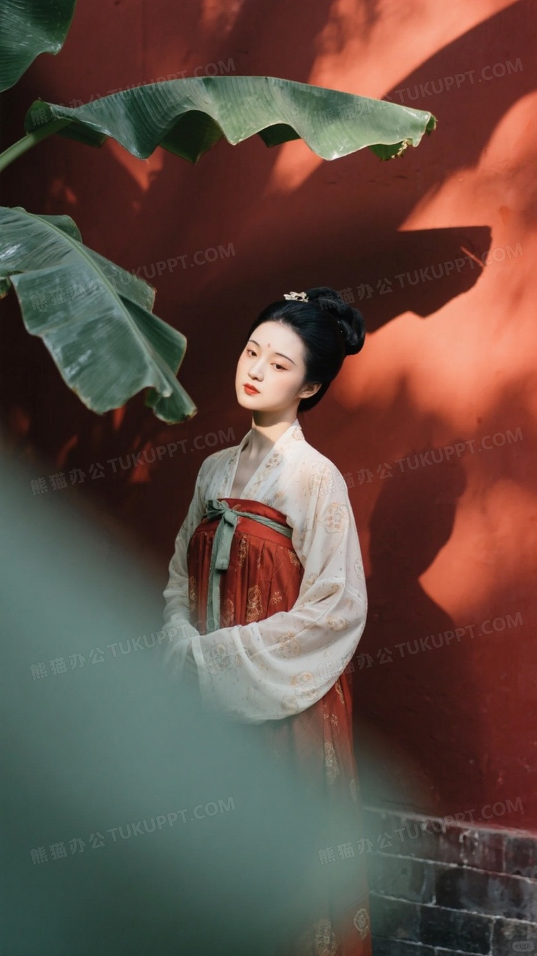 芭蕉红墙宋代仕女中画幅半身像摄影