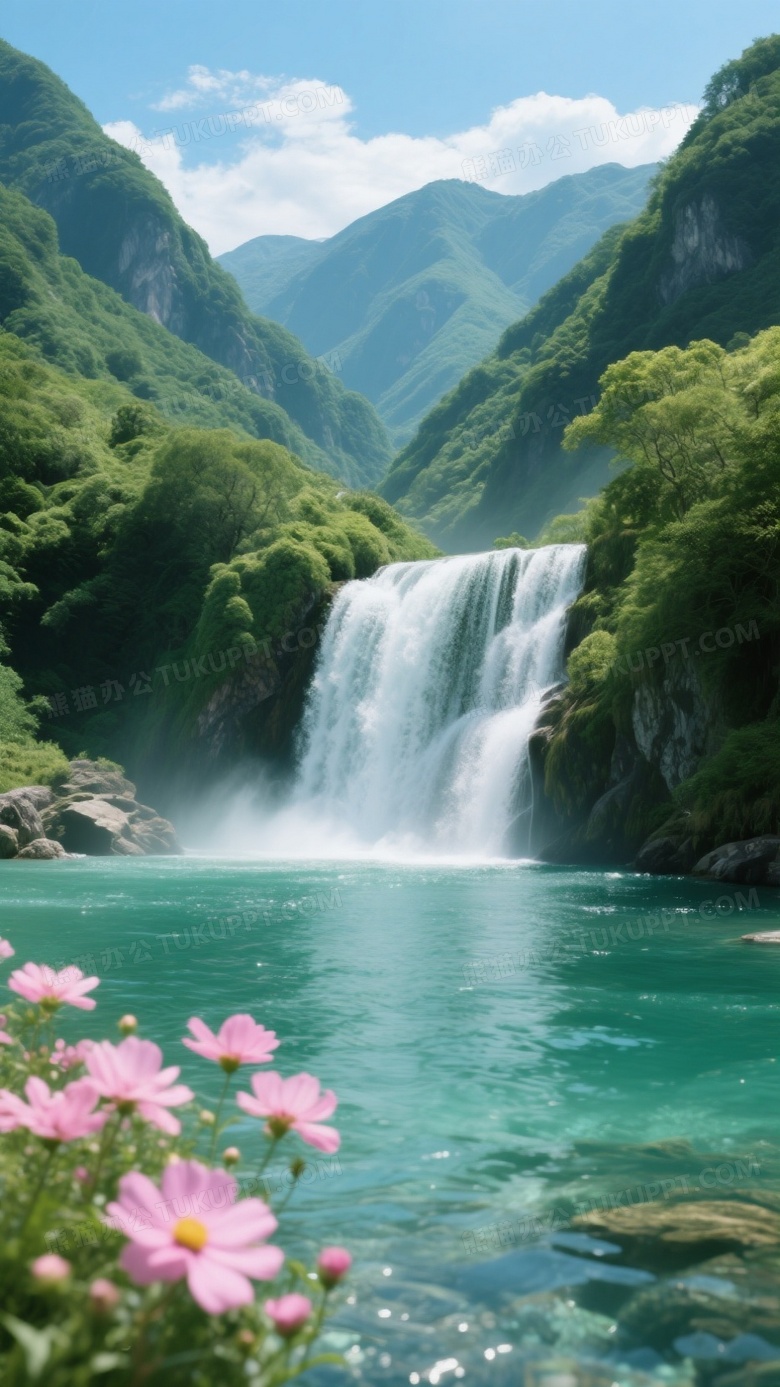 帮我生成一张图片远景大山深处青山绿水倾泻而下