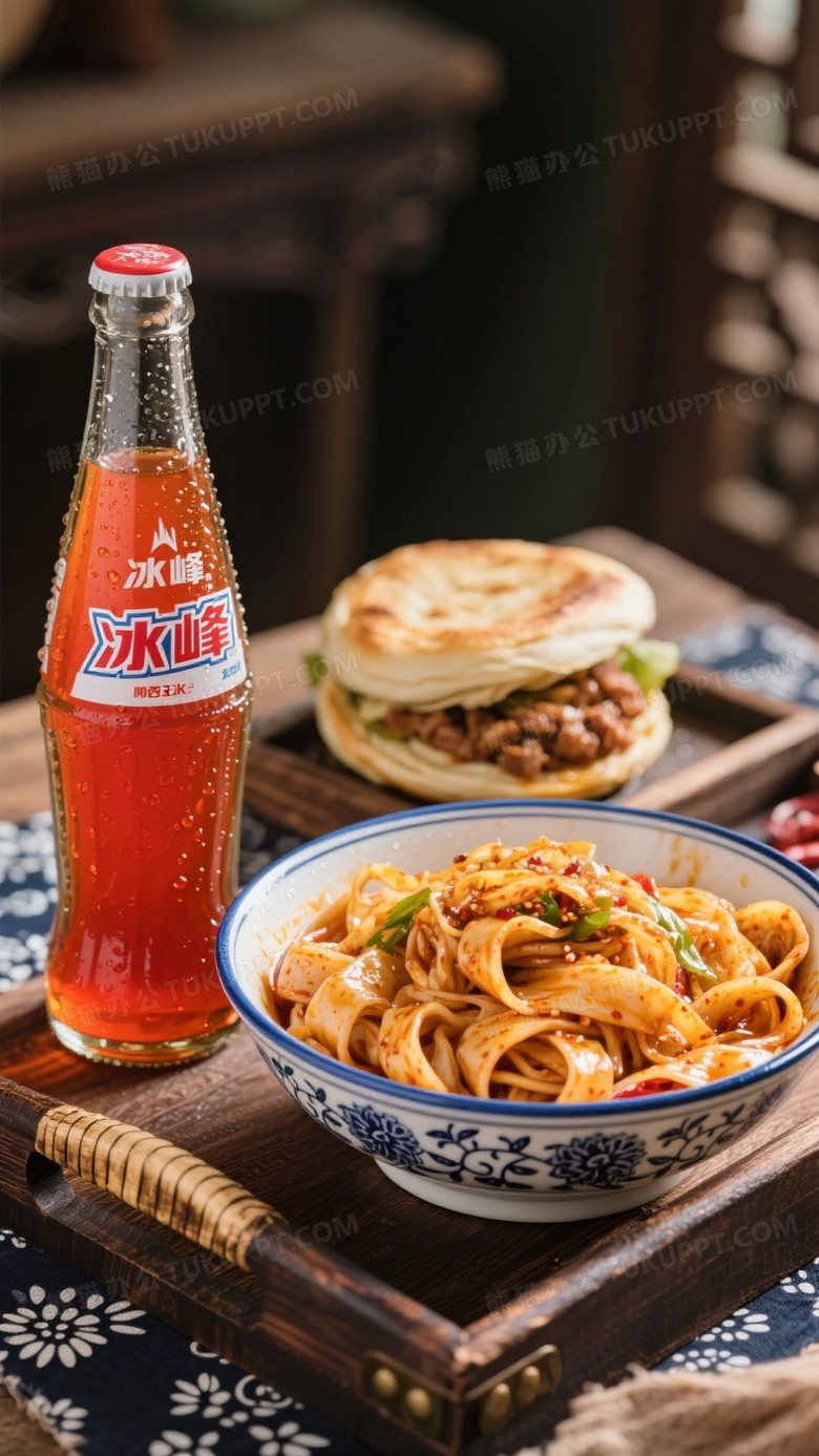 特写陕西美食组合焦黄酥脆的肉夹馍摆放在青花瓷碗旁