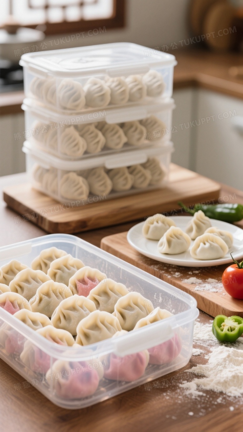 主题描述乳白色手工水饺特写与三层透明保鲜盒储存场景结合