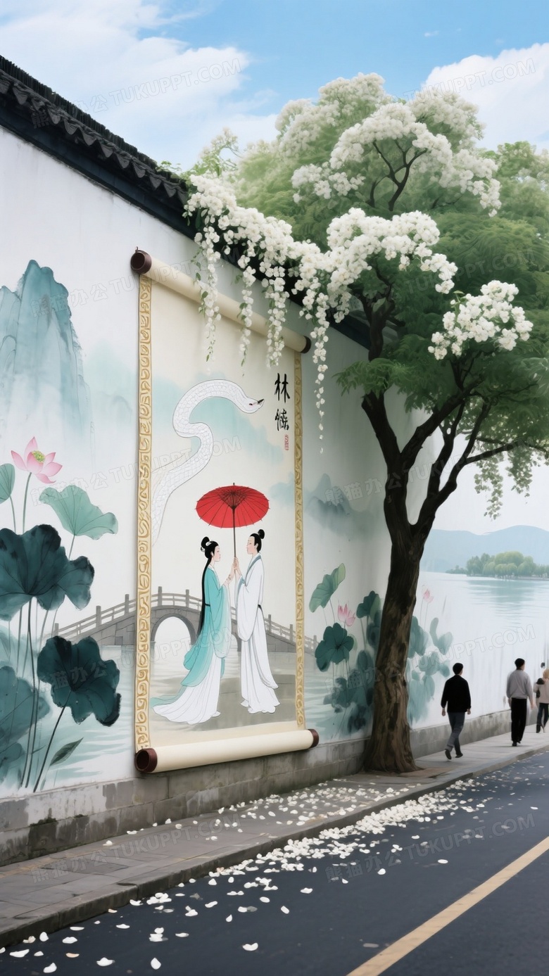 街头高大中式城墙壁之上画着林风眠风格水墨彩墨壁画卷轴