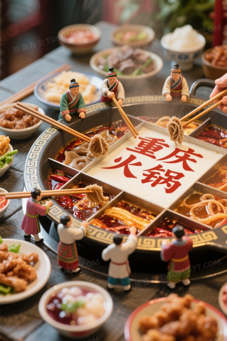 微观世界微距摄影一口巨大的九宫格火锅旁边