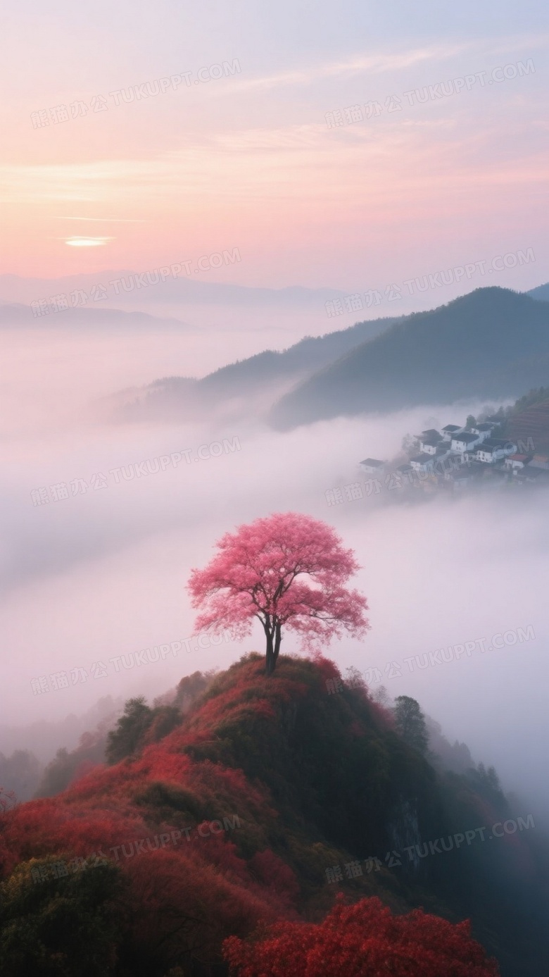 山顶上的一棵树红色和粉红色的颜色