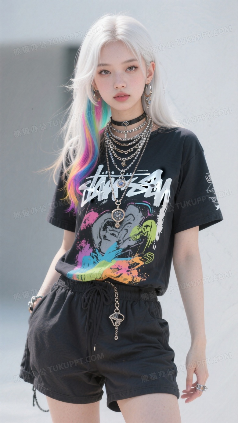 一位长发的少女穿着嘻哈印花短袖T恤和宽松休闲短裤
