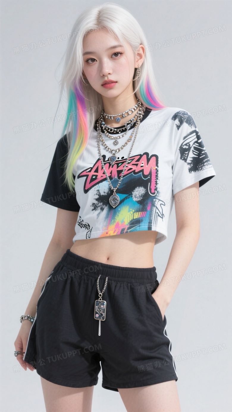 一位长发的少女穿着嘻哈印花短袖T恤和宽松休闲短裤