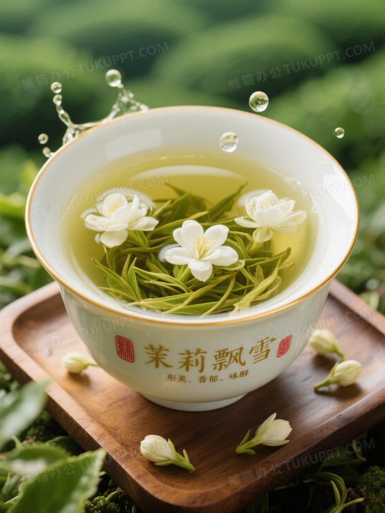 以绿色茶园模糊背景有一个巨大敞口金边大茶碗