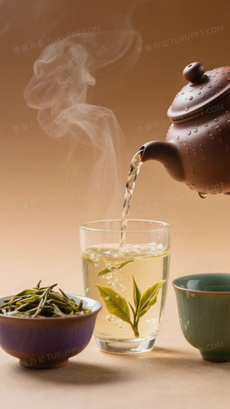 茶壶向三个不同质感的茶杯倾倒水流