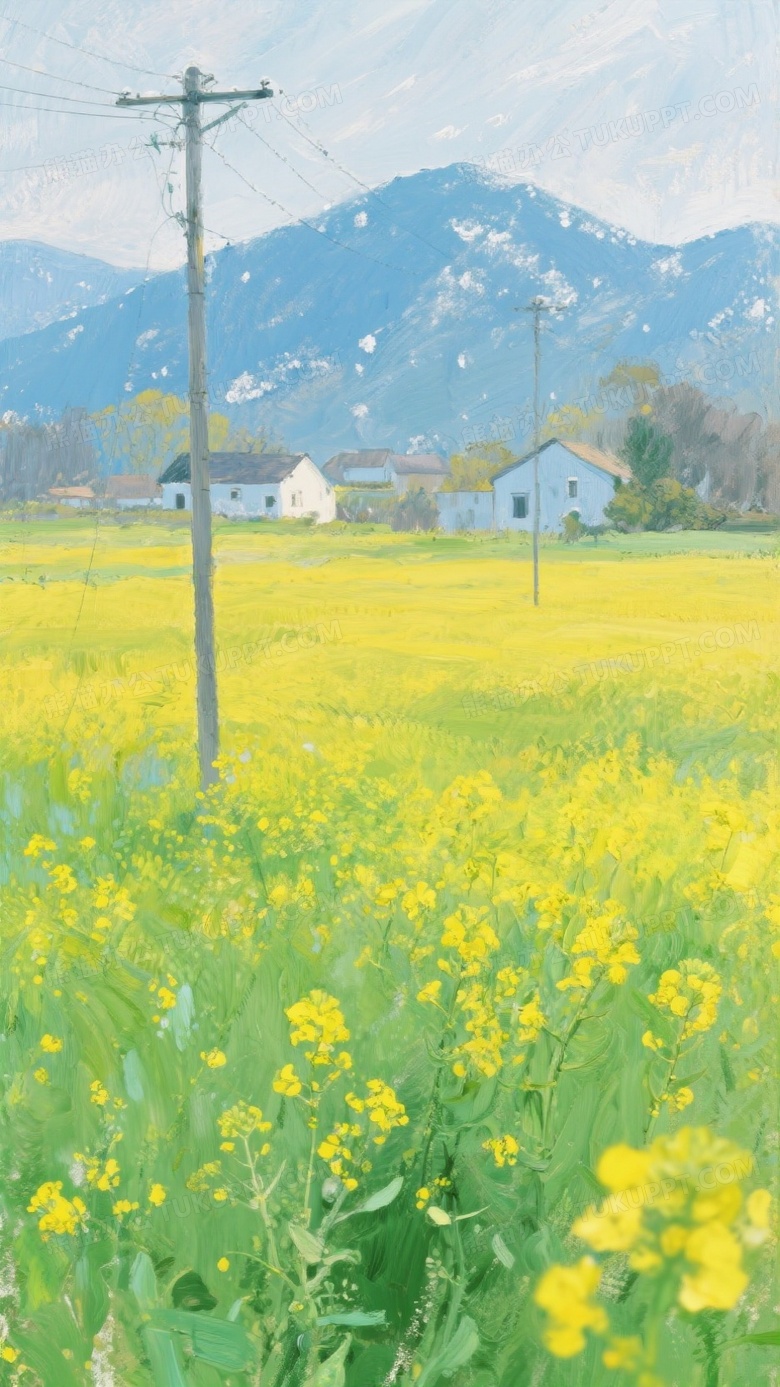 村庄电线杆远山油菜花