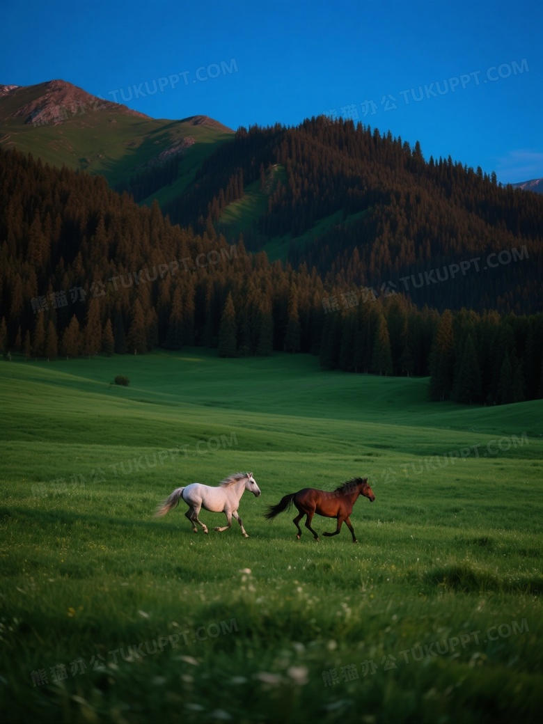在天山的绿色草原上一片片郁郁葱葱的土地上长满了繁茂的草地