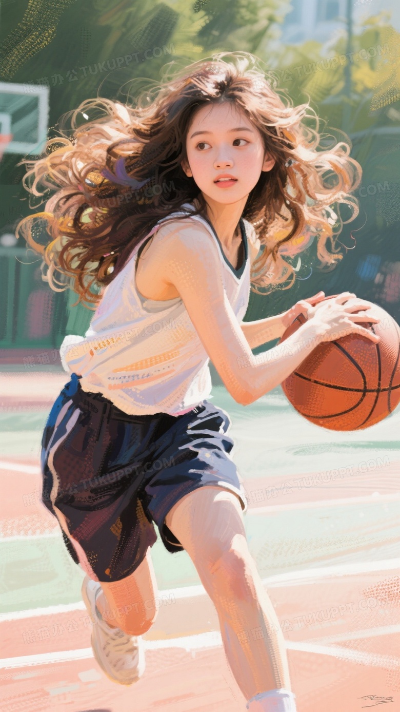 一女孩子打篮球柔软蓬松的长卷发