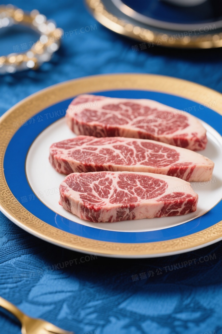 产品拍摄三片新鲜牛排摆放在金边白色盘子里