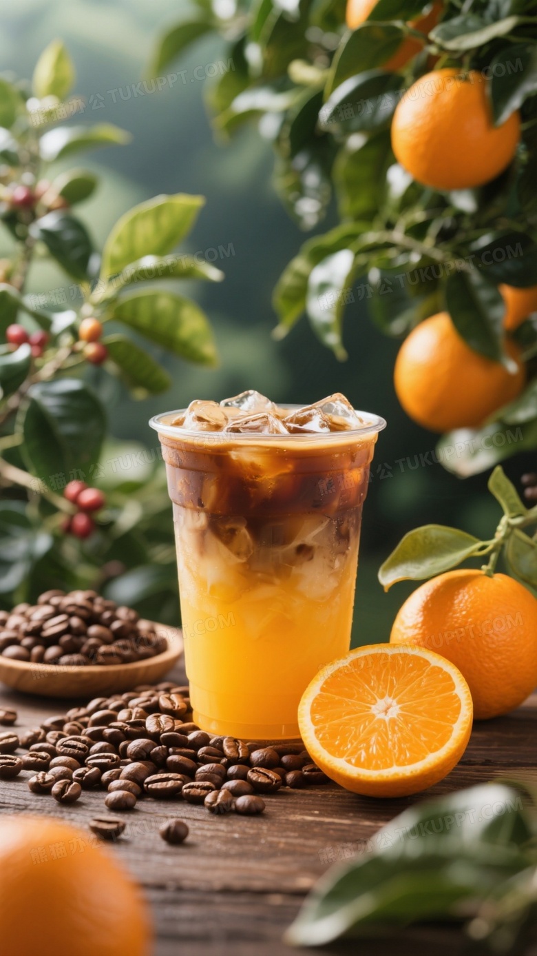 一杯橙汁冰美式咖啡背景咖啡树和橙子树