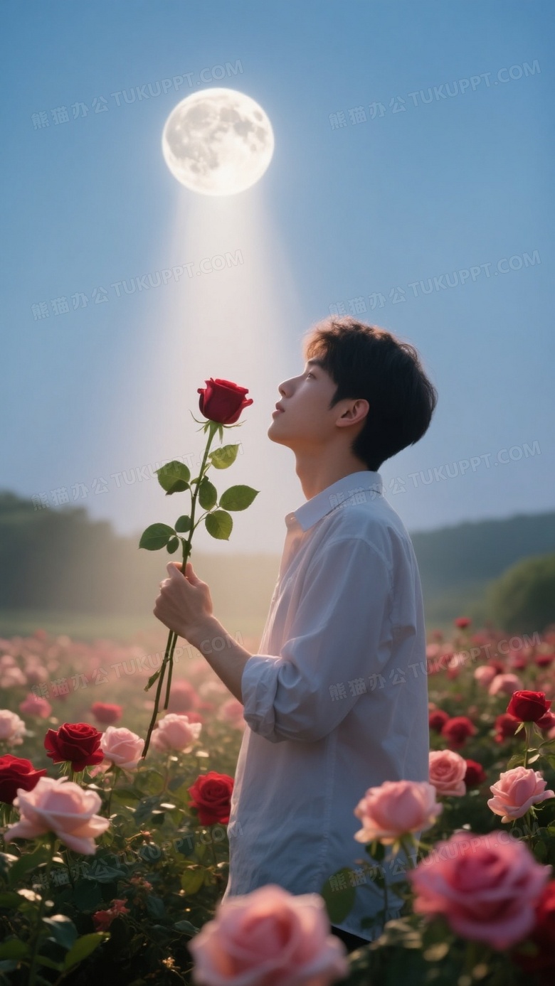 一支一片玫瑰园里一个年轻人手捧玫瑰花