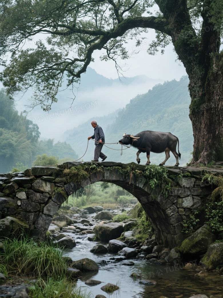 老人用绳牵牛走石桥桥下溪水乱石还有水草