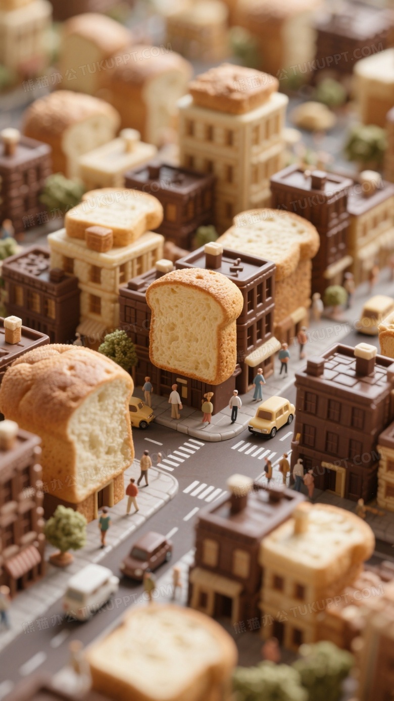 缩微景观微距摄影用面包巧克力建造的城市