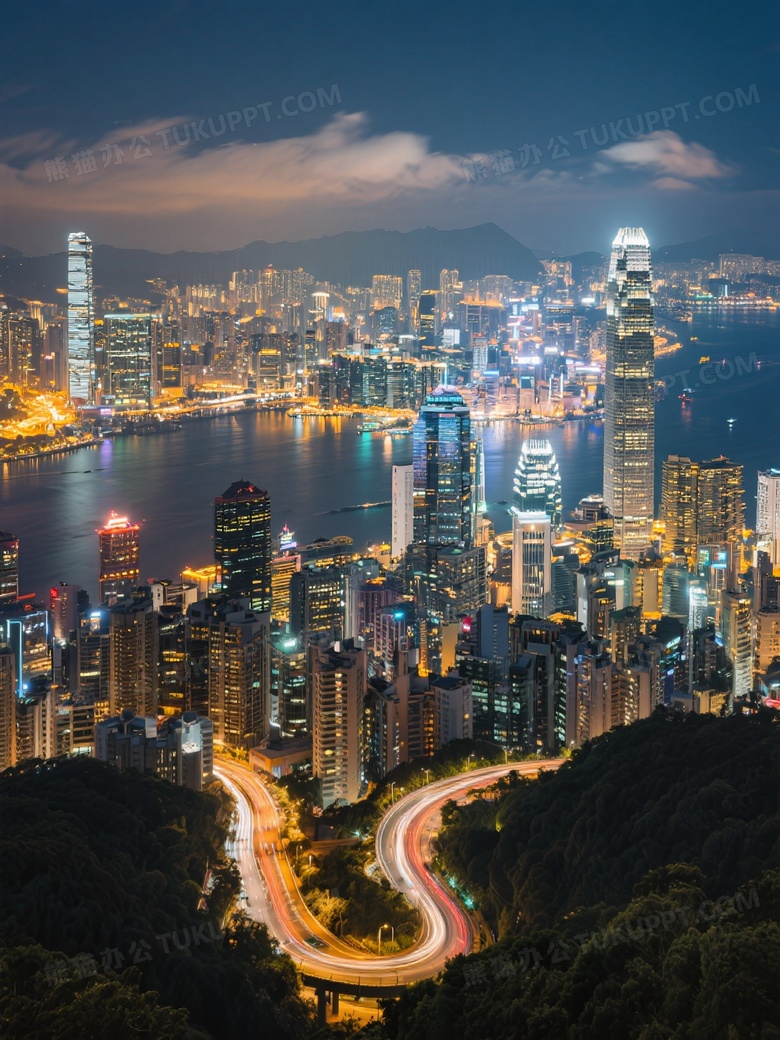 香港香山顶俯瞰全景密集高楼大厦亮起灯光