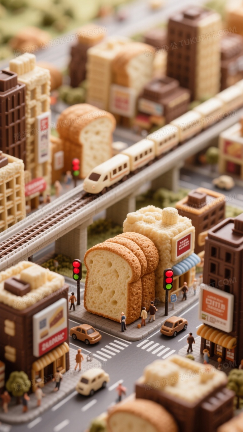 缩微景观微距摄影用面包巧克力建造的城市