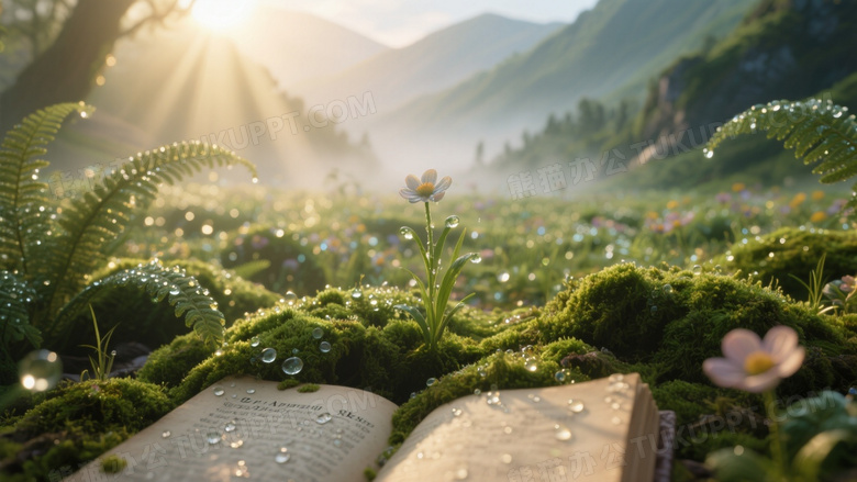 清晨山谷靠在画面最底下的苔藓古籍