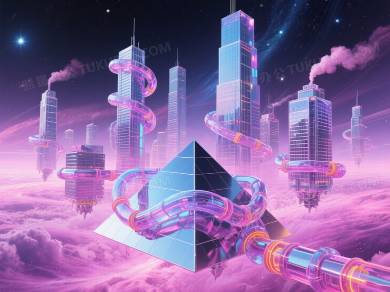 液态玻璃构成的摩天大楼群漂浮在粉紫色星云中