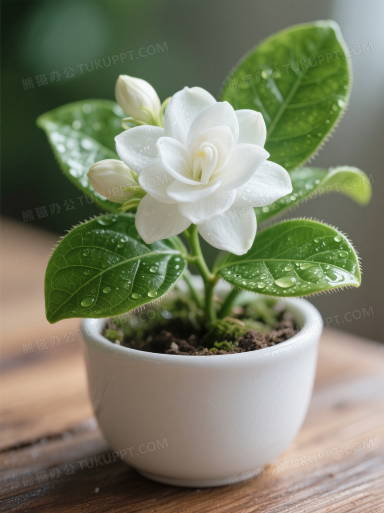 白色陶瓷花盆里的茉莉花盆栽摆放在木质桌面上