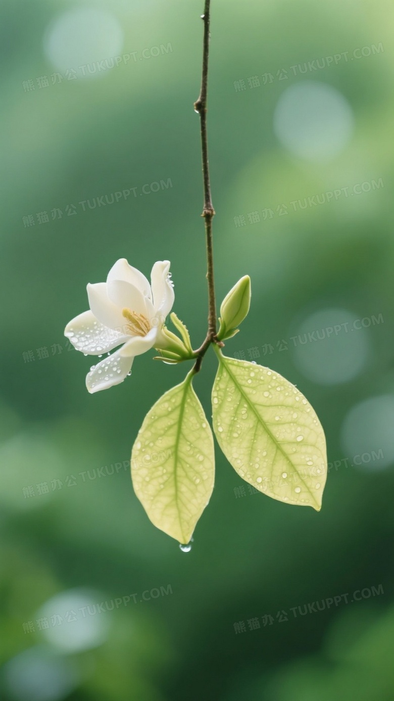 一根细长的栀子枝条悬挂在空中