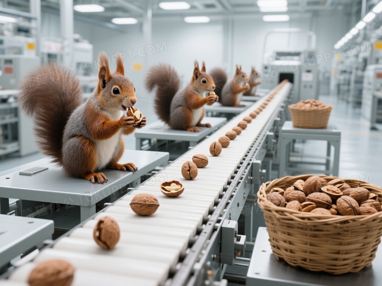 一尘不染的工厂里一条流水线传送带传送着一个个坚果