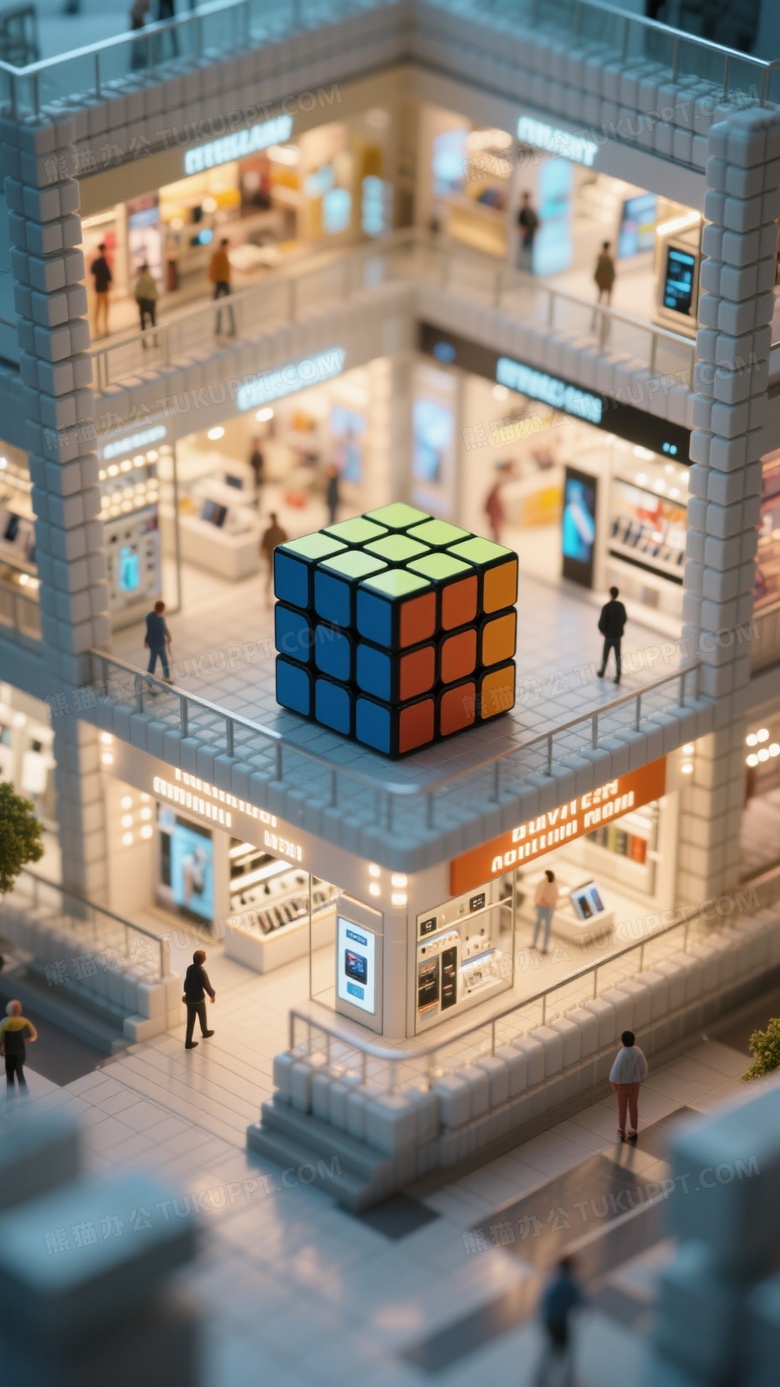 微观摄影移轴摄影主体是一只魔方内部是一个大型商场剖面