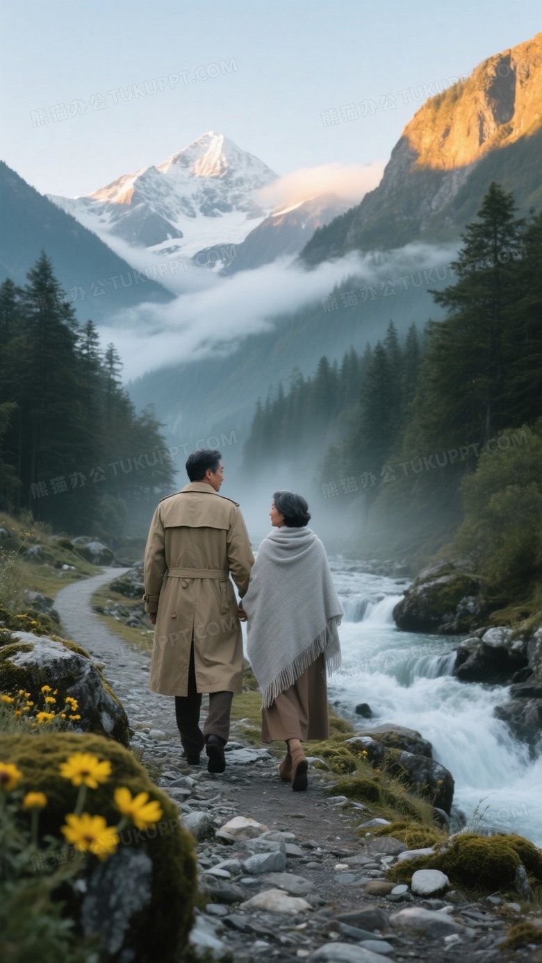 描绘一对中年夫妇携手漫步于蜿蜒的山间碎石小径