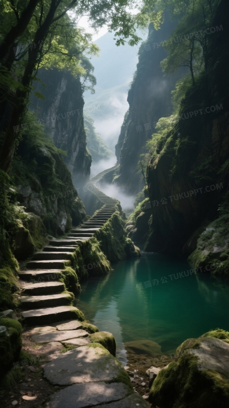 在一个幽静的山谷中一条蜿蜒的台阶顺着山势而下