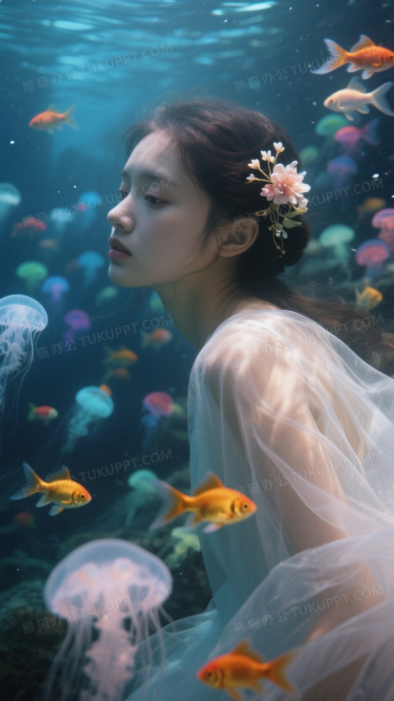 在海洋里一个少女在海底