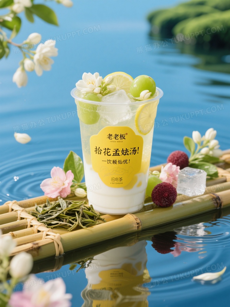 一杯鲜花水牛乳茶上面有鲜花茉莉有青提柠檬杨梅