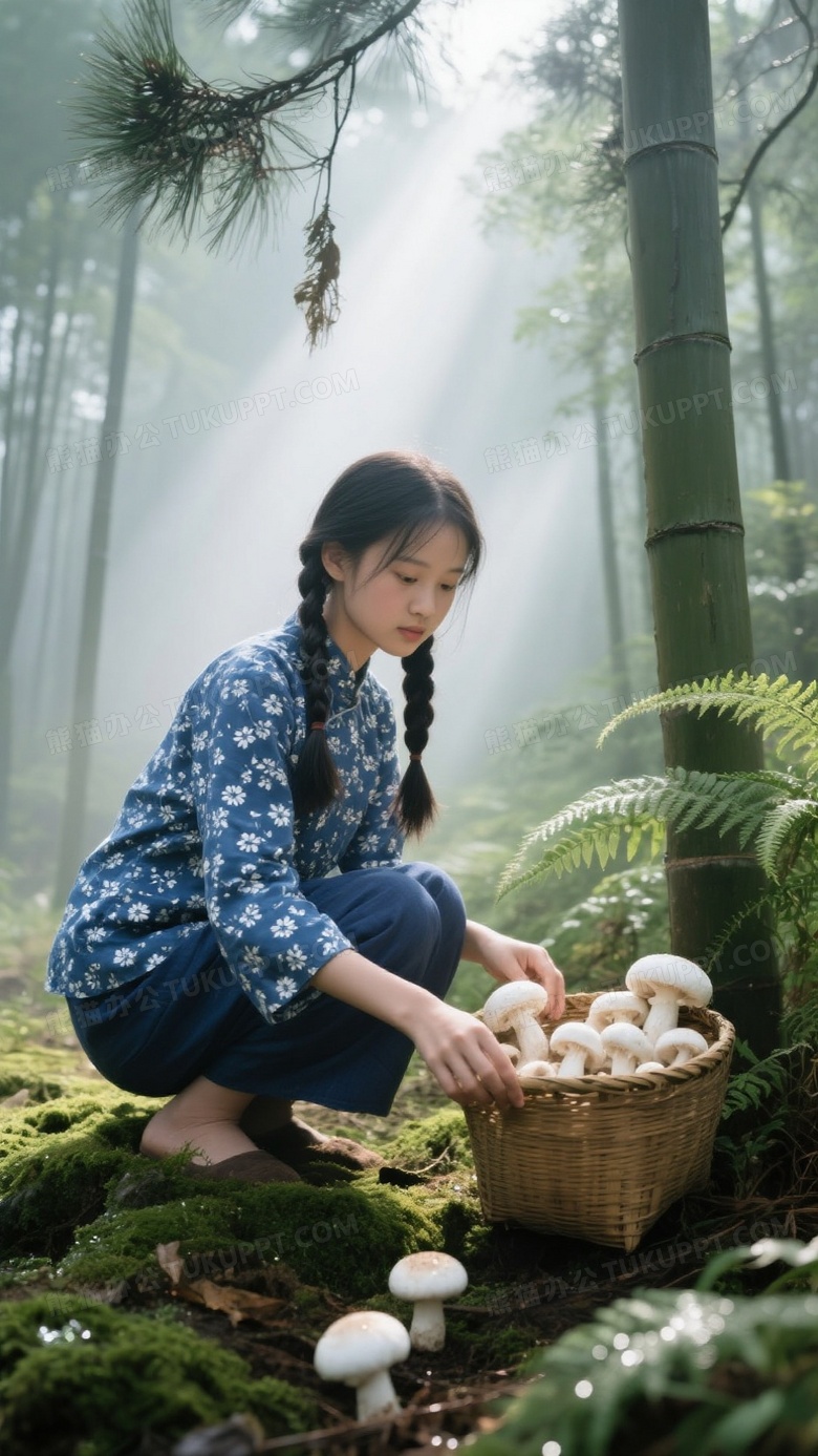 18岁扎麻花辫的乡村女孩穿着蓝底白碎花布衣