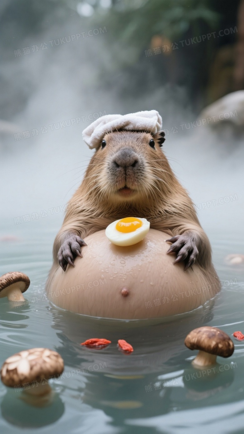 水豚泡在雾气缭绕的汤池里