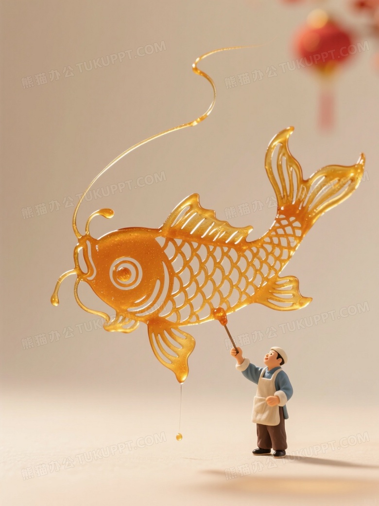 节日海报微缩摄影糖画师小人用糖浆在空中勾画大型锦鲤糖画图