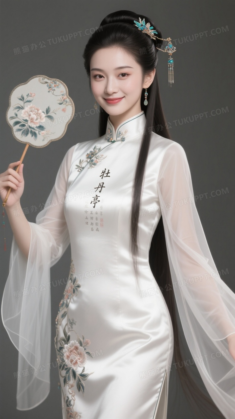 月白软缎长旗袍配昆曲水袖演化七分袖