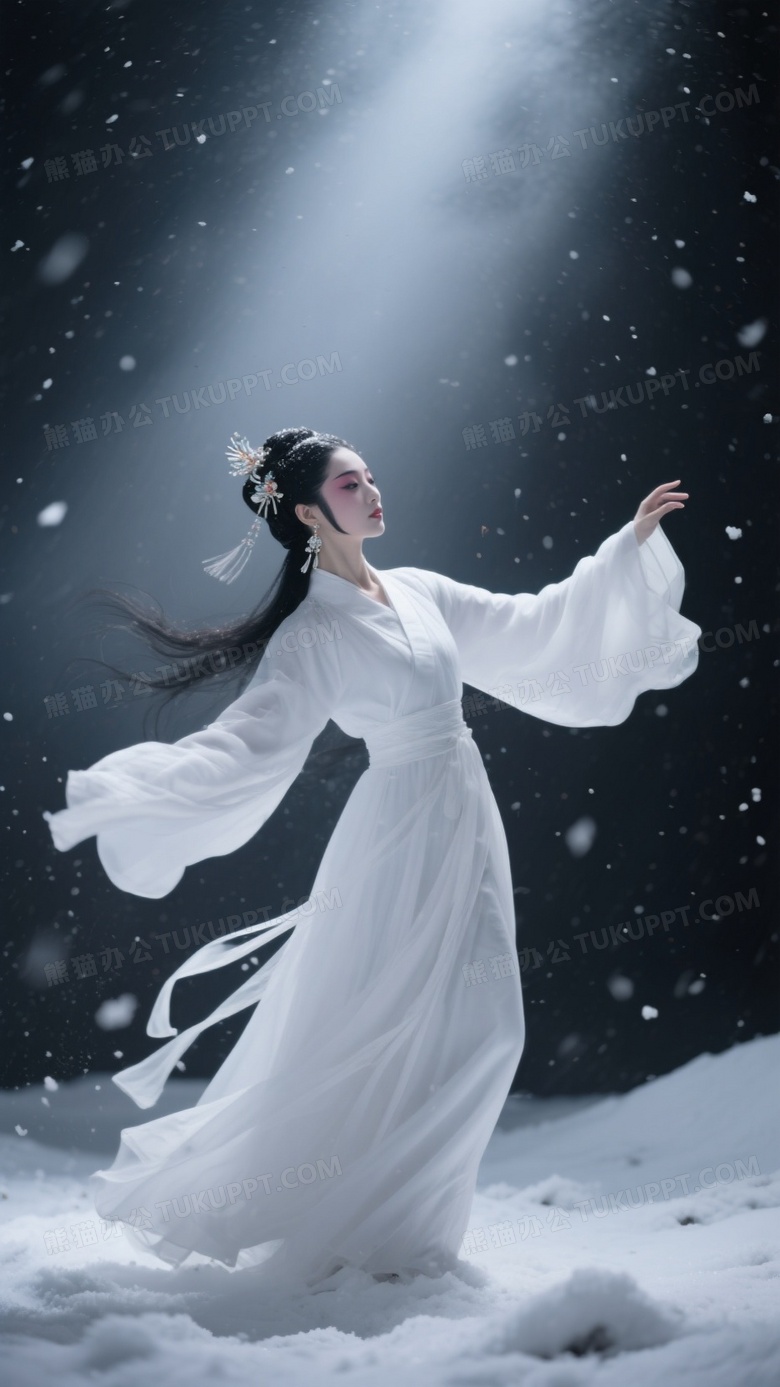 一身穿白色昆曲戏服的女子在大雪里跳舞