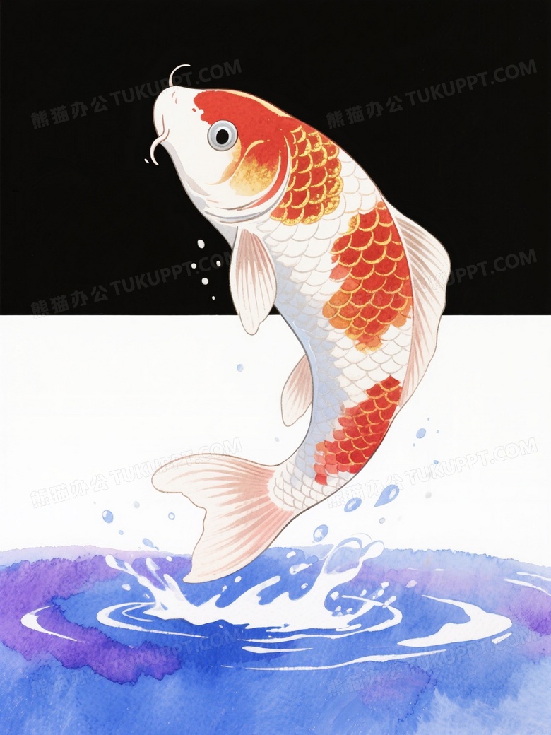 插画浓水彩晕染一条从水面一跃而起的锦鲤
