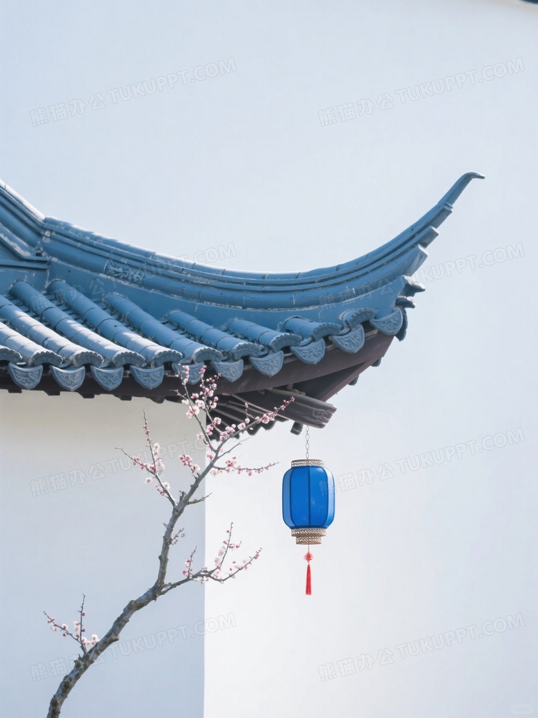 纯白的画面露出蓝白配色的中式古典建筑飞檐一角